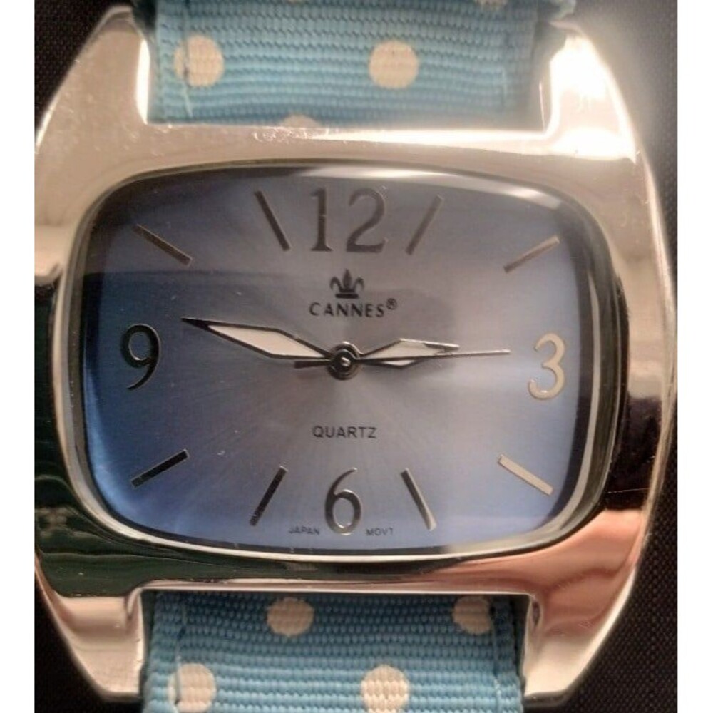 CANNES BLUE DIAL SILVER TONE RECTANGLE CASE WHITE POLKA DOT CANVAS BAND WATCH